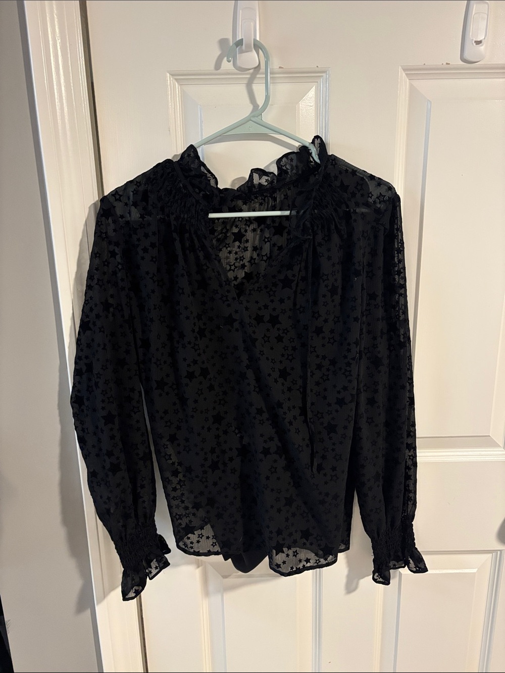 LOFT Black Sheer Star-Print Ruffle Neck Blouse